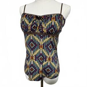 Retro Y2K XOXO Babydoll Tank Top, Brown and Multi Pattern, Large